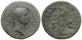 Domitian (Caesar, 69-81). Æ Sestertius (35mm, 21.02g, 6h). Rome, 80-1. Laureate head r. R/ Pax standing l., holding branch and cornucopia. RIC II 288 ...