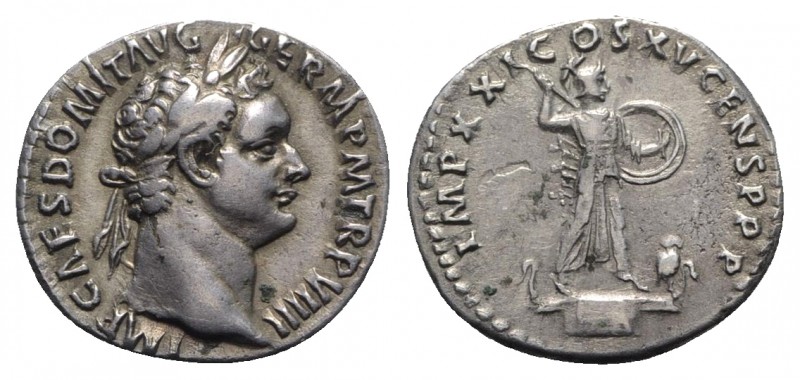 Domitian (81-96). AR Denarius (19mm, 3.33g, 6h). Rome, AD 92. Laureate head r. R...