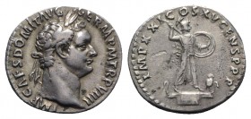 Domitian (81-96). AR Denarius (19mm, 3.33g, 6h). Rome, AD 92. Laureate head r. R/ Minerva standing r. on capital of rostral column, brandishing javeli...