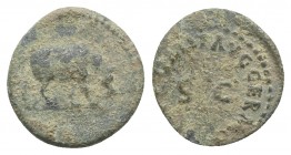 Domitian (81-96). Æ Quadrans (14mm, 2.55g, 6h). Rome, 84-5. Large SC surrounded by legend. R/ Rhinoceros advancing r. RIC II 249. Green patina, near V...