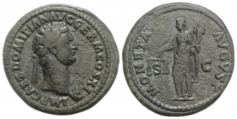 Domitian (81-96). Æ As (30mm, 10.95g, 7h). Rome, AD 85. Laureate bust r., wearin...
