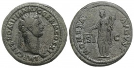 Domitian (81-96). Æ As (30mm, 10.95g, 7h). Rome, AD 85. Laureate bust r., wearing aegis. R/ Moneta standing l., holding scales and cornucopiae. RIC II...