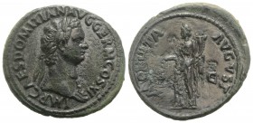 Domitian (81-96). Æ As (30mm, 10.90g, 6h). Rome, AD 85. Laureate bust r., wearing aegis. R/ Moneta standing l., holding scales and cornucopia. RIC II ...