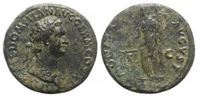 Domitian (81-96). Æ As (27mm, 11.80g, 6h). Rome, AD 85. Laureate bust r., wearing aegis. R/ Moneta standing l., holding scales and cornucopia. RIC II ...