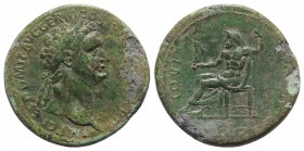 Domitian (81-96). Æ Sestertius (34mm, 23.87g, 6h). Rome, 95-6. Laureate head r. R/ Jupiter seated l., holding Victory and sceptre. RIC II 794. Green p...