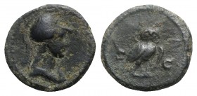 Anonymous, time of Domitian to Antoninus Pius, 81-161. Æ Quadrans (14mm, 3.12g, 7h). Rome. Helmeted bust of Minerva r. R/ Owl standing r. RIC II 7. Gr...