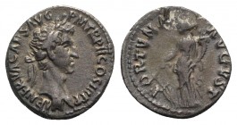 Nerva (96-98). AR Denarius (17mm, 3.24g, 6h). Rome, AD 97. Laureate head r. R/ Fortuna standing l., holding rudder and cornucopia. RIC II 16; RSC 65. ...