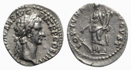 Nerva (96-98). AR Denarius (18mm, 3.34g, 6h). Rome, AD 97. Laureate head r. R/ Fortuna standing l., holding rudder and cornucopia. RIC II 16; RSC 65. ...