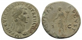 Nerva (96-98). Æ As (28mm, 9.67g, 6h). Rome, AD 97. Laureate head r. R/ Aequitas standing l., holding scales and cornucopia. RIC II 77. Good Fine