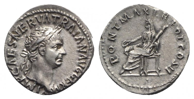 Trajan (98-117). AR Denarius (18mm, 3.45g, 6h). Rome, AD 98. Laureate head r. R/...