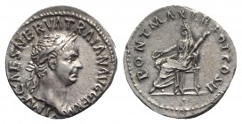 Trajan (98-117). AR Denarius (18mm, 3.45g, 6h). Rome, AD 98. Laureate head r. R/ Vesta seated l., holding patera and torch. RIC II 21; RSC 288. Good V...