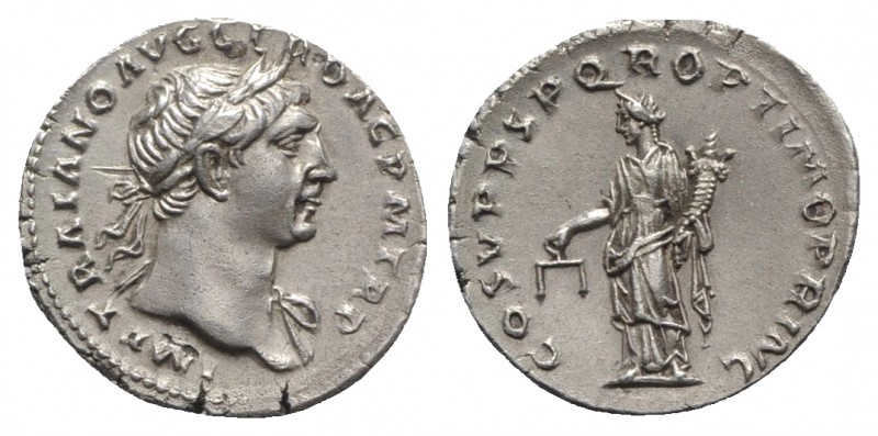 Trajan (98-117). AR Denarius (18.5mm, 3.29g, 6h). Rome, 103-111. Laureate bust r...