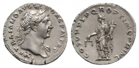 Trajan (98-117). AR Denarius (18.5mm, 3.29g, 6h). Rome, 103-111. Laureate bust r., drapery on l. shoulder. R/ Aequitas standing l., holding scales and...