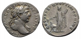 Trajan (98-117). AR Denarius (18.5mm, 3.46g, 7h). Rome, AD 110. Laureate bust r., slight drapery. R/ Arabia standing l., holding branch and bundle of ...