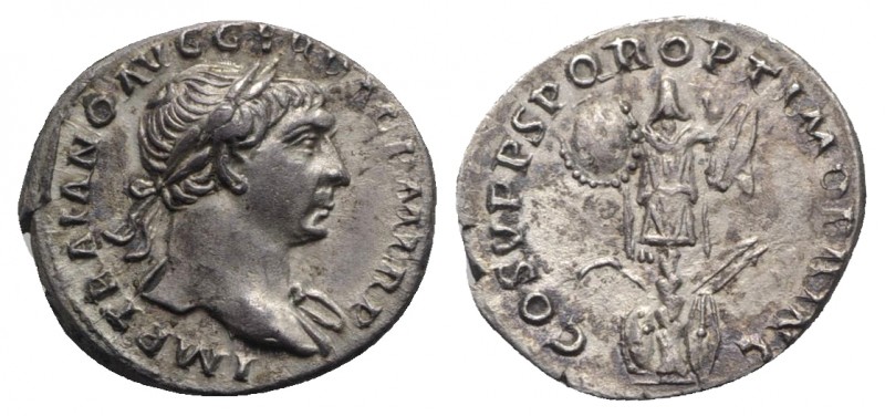 Trajan (98-117). AR Denarius (19mm, 3.20g, 6h). Rome, c. 107-108. Laureate bust ...