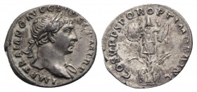 Trajan (98-117). AR Denarius (19mm, 3.20g, 6h). Rome, c. 107-108. Laureate bust r., slight drapery. R/ Trophy. RIC II 147b; RSC 98. Toned, VF - Good V...