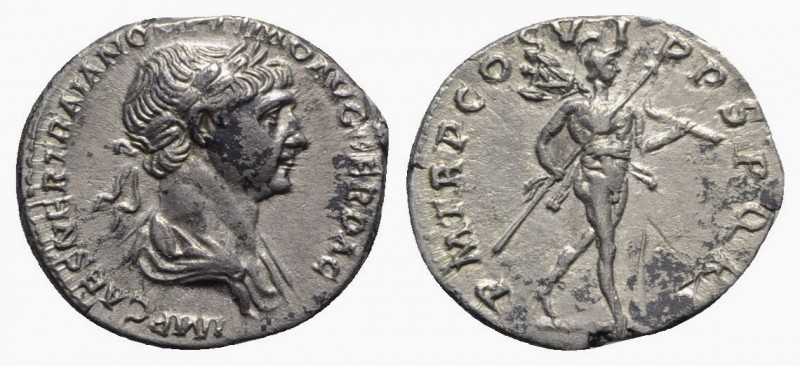 Trajan (98-117). AR Denarius (19mm, 3.08g, 6h). Rome, 114-6. Laureate and draped...