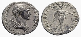 Trajan (98-117). AR Denarius (19mm, 3.08g, 6h). Rome, 114-6. Laureate and draped bust r. R/ Mars advancing r., holding transverse spear and trophy ove...