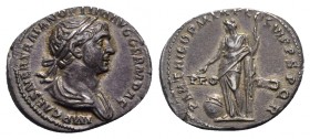 Trajan (98-117). AR Denarius (19mm, 3.61g, 6h) Rome, 116-7. Laureate and draped bust r. R/ Providentia standing facing, head l., holding outstretched ...