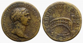 Trajan (98-117). Æ Sestertius (34mm, 26.86g, 6h). Rome, c. 107-110. Laureate bust r., slight drapery. R/ Single-span bridge across river; arched tower...