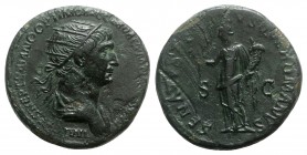 Trajan (98-117). Æ Dupondius (27mm, 12.50g, 6h). Rome, 114-6. Radiate and draped bust r. R/ Felicitas standing l., holding caduceus and cornucopia. RI...