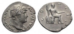 Hadrian (117-138). AR Denarius (19mm, 3.23g, 6h). Rome, c. 124-8. Laureate bust r., slight drapery. R/ Hercules seated r. on cuirass, holding distaff ...