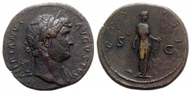 Hadrian (117-138). Æ Sestertius (34mm, 27.75g, 6h). Rome, 125-8. Laureate bust r., slight drapery. R/ Diana standing facing, head r., holding arrow an...