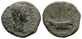 Hadrian (117-138). Æ As (27mm, 9.77g, 6h). Rome, c. 132-5. Laureate and draped bust r. R/ Galley l. with five rowers; gubernator at stern beneath cano...