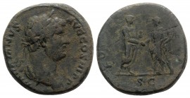 Hadrian (117-138). Æ Sestertius (32mm, 29.17g, 6h). Rome, c. 134-8. Laureate and draped bust r. R/ Hadrian standing r., holding volumen and clasping r...