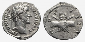 Antoninus Pius (138-161). AR Denarius (18mm, 3.11g, 6h). Rome, 145-7. Laureate head r. R/ Clasped r. hands holding caduceus between two stalks of grai...