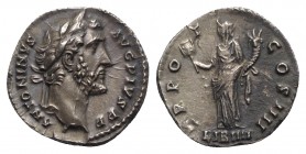 Antoninus Pius (138-161). AR Denarius (17mm, 2.63g, 6h). Rome, AD 147. Laureate head r. R/ Liberalitas standing l., holding vexillum and cornucopia. R...
