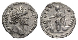 Antoninus Pius (138-161). AR Denarius (18mm, 2.92g, 6h). Rome, 157-8. Laureate head r. R/ Annona standing l., holding rudder on prow and grain ears ov...