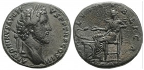 Antoninus Pius (138-161). Æ Sestertius (33mm, 24.54g, 12h). Rome, 141-3. Laureate head r. R/ Salus seated l., feeding serpent from patera. RIC III 638...