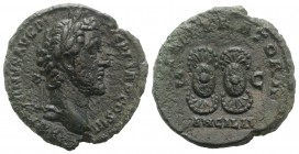 Antoninus Pius (138-161). Æ As (27mm, 10.30g, 6h). Rome, 143-4. Laureate head r. R/ Two ancilia (oval shields with rounded projections above and below...
