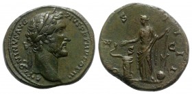 Antoninus Pius (138-161). Æ Sestertius (33mm, 25.45g, 11h). Rome, AD 144. Laureate head r. R/ Salus standing facing, head l., feeding serpent entwined...