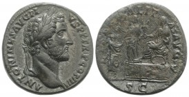 Antoninus Pius (138-161). Æ Sestertius (31mm, 23.33g, 12h). Rome, 147-8. Laureate head r. R/ Antoninus Pius seated l. on sella castrensis on raised da...
