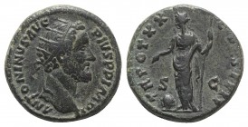 Antoninus Pius (138-161). Æ Dupondius (25mm, 14.63g, 5h). Rome, 155-6. Radiate head r. R/ Providentia standing l., pointing at large globe and holding...