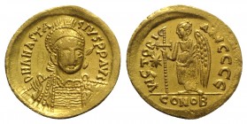 Anastasius I (491-518). AV Solidus (19mm, 3.75g, 6h). Constantinople, 507-518. Helmeted and cuirassed bust facing slightly r., holding spear and shiel...