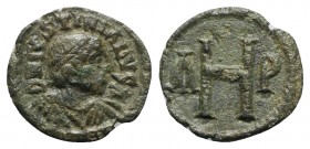Justinian I (527-565). Æ 8 Nummi (15.5mm, 2.17g, 6h). Thessalonica, 527-538. Diademed, draped and cuirassed bust r. R/ Large H between A and P. MIBE 1...