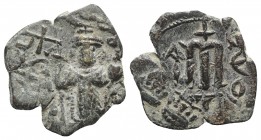 Constans II (641-668). Æ 40 Nummi (25mm, 6.14g, 6h). Constantinople. Constans wearing crown and chlamys, standing facing holding cross and cross on gl...