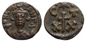 Constans II (641-668). Æ 20 Nummi (16mm, 3.65g, 6h). Carthage, 647-659. Crowned and draped facing bust, holding mappa and globus cruciger. R/ Large cr...