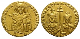Basil I and Constantine (867-886). AV Solidus (19mm, 4.32g, 6h). Constantinople, 870-871. Christ Pantokrator enthroned facing. R/ Crowned facing busts...
