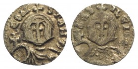 Basil I and Constantine (867-886). Debased AV Semissis (12.5mm, 0.97g, 6h). Syracuse, 868-879. Crowned facing bust of Basil, wearing loros, holding gl...