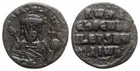 Constantine VII and Romanus I (913-959). Æ 40 Nummi (25mm, 6.04g, 6h). Constantinople, 945-950. Crowned facing bust of Romanus I, wearing loros, holdi...