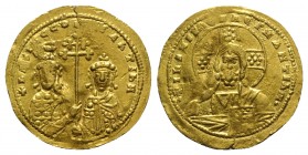 Basil II and Constantine VIII (976-1025). AV Histamenon Nomisma (24mm, 4.42g, 6h). Constantinople, 1001-1005. Bust of Christ Pantokrator facing; roset...