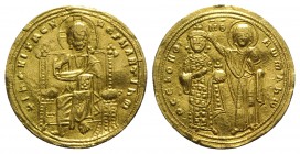 Romanus III (1028-1034). AV Histamenon Nomisma (23mm, 3.99g, 6h). Constantinople. Christ Pantokrator enthroned facing. R/ Romanus standing facing, wea...