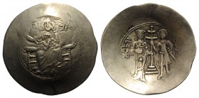 John II Comnenus (1118-1143). EL Aspron Trachy (32mm, 4.29g, 6h). Constantinople, 1122-43. Christ Pantokrator enthroned facing. R/ John and St. George...