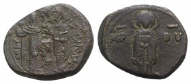 Andronicus I Comnenus (1183-1185). Æ Tetarteron (19mm, 3.68g, 6h). Constantinople. The Virgin Mary standing facing, holding head of Christ. R/ Androni...