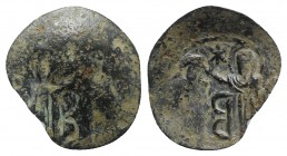Andronicus II Palaeologus (1282-1328). Æ Trachy (19mm, 0.96g, 6h). Thessalonica. Facing bust of St. Demetrius, holding small cross to chest. R/ Andron...