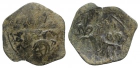 Andronicus II Palaeologus (1282-1328). Æ Trachy (23mm, 1.31g, 6h). Thessalonica. Facing bust of St. Demetrius. R/ Andronicus standing facing, holding ...